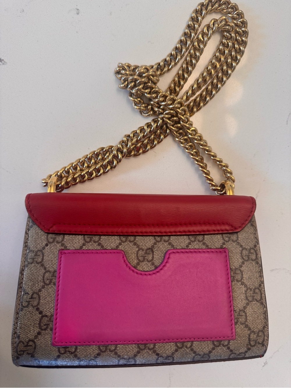 Gucci Red + Pink Leather & Monogram GG Canvas Crossbody with Gold Chain - Picture 2 of 12
